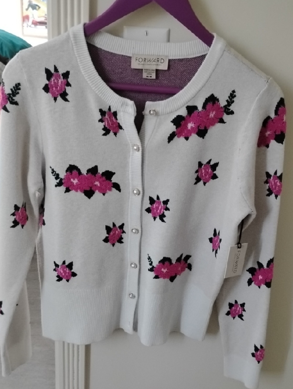 Light Cream Floral Cardigan with Pink Flower Embroidery